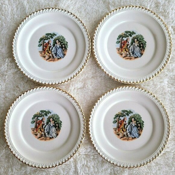 The Harker Pottery Company 4 Dessert Plates "Courting Couple" 22Kt Gold Trim - Picture 1 of 9